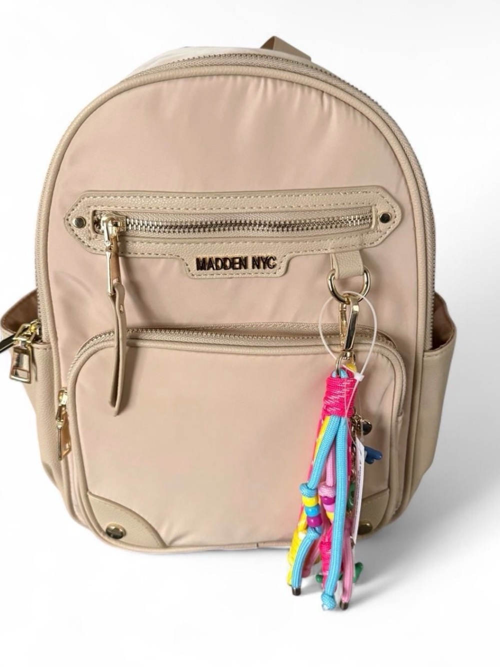 Madden NYC Beige Nylon Backpack w/ Colorful Charm NWT
